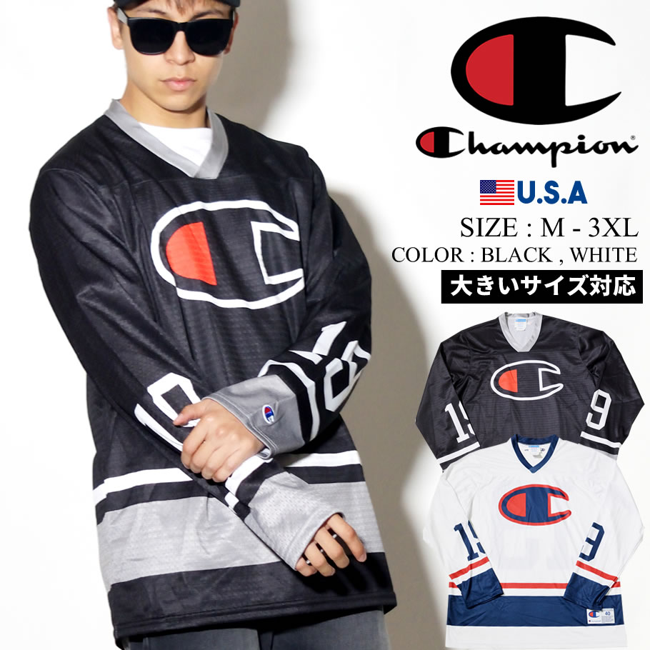 Champion チャンピオン ホッケーtシャツ ゲームシャツ 長袖 メンズ 大きいサイズ ナンバリング ロゴ T1073 服 通販