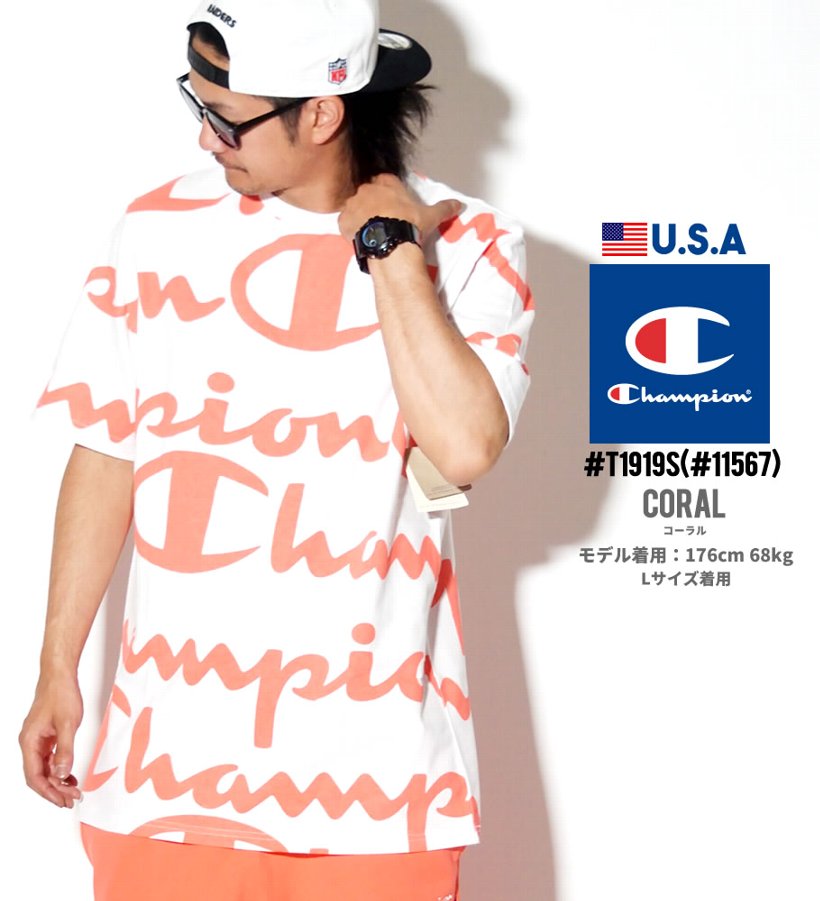 Champion チャンピオン Tシャツ メンズ 大きいサイズ 半袖 スクリプトロゴ 総柄 ストリート系 ヒップホップ ファッション T1919S 服  通販