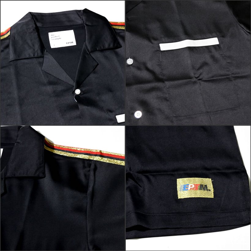 EPTM ボウリングシャツ メンズ 春 オープンカラー リラックスコーデ サテン生地 刺繍 黒 赤 緑