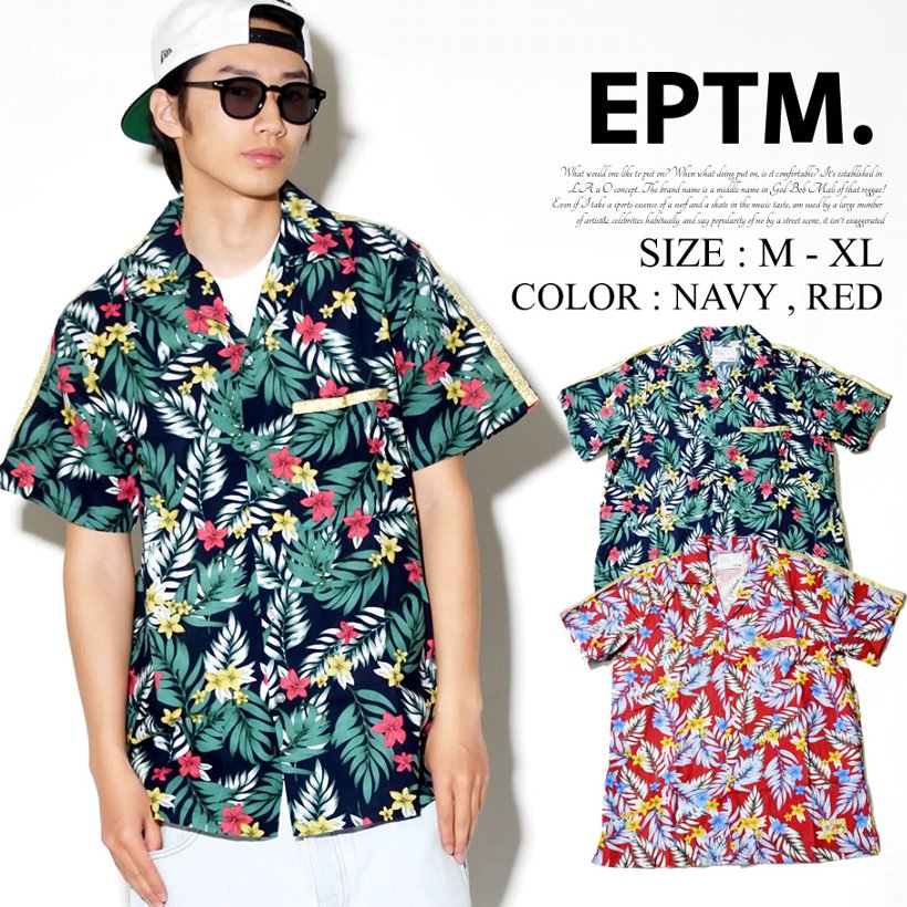 EPTM アロハシャツ メンズ 春 オープンカラー リラックスコーデ 紺 赤
