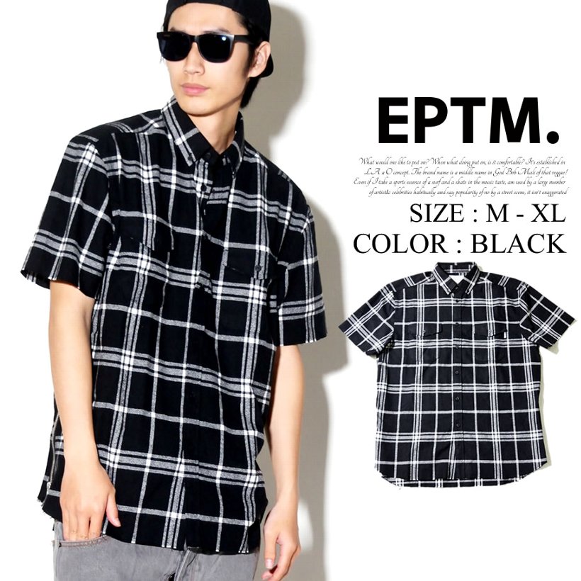 EPTM ネルシャツ メンズ 春 半袖 ボタンダウン チェック柄 黒