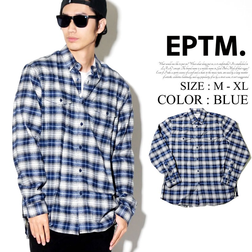 EPTM ネルシャツ メンズ 春 長袖 ボタンダウン チェック柄 青