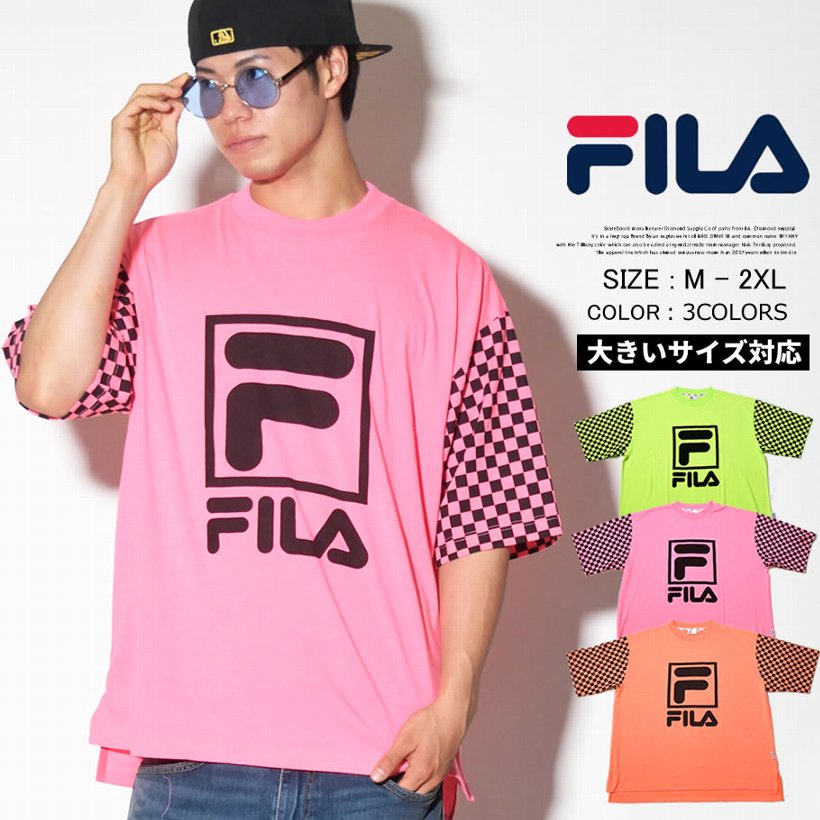 FILA フィラ 半袖 Tシャツ メンズ 大きいサイズ 袖 チェック柄 ネオンカラー ストリート系 ヒップホップ ファッション FM9492  FLTT005