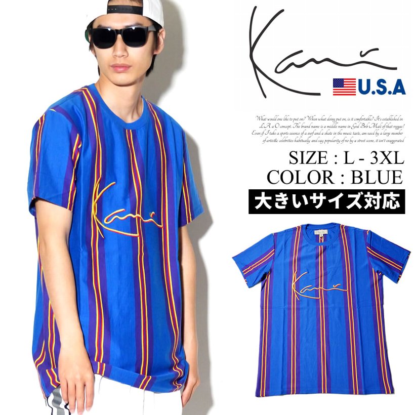 KARL KANI カールカナイ Tシャツ メンズ 半袖 春 ブランド ストライプ ロゴT 刺繍 青 大きいサイズ
