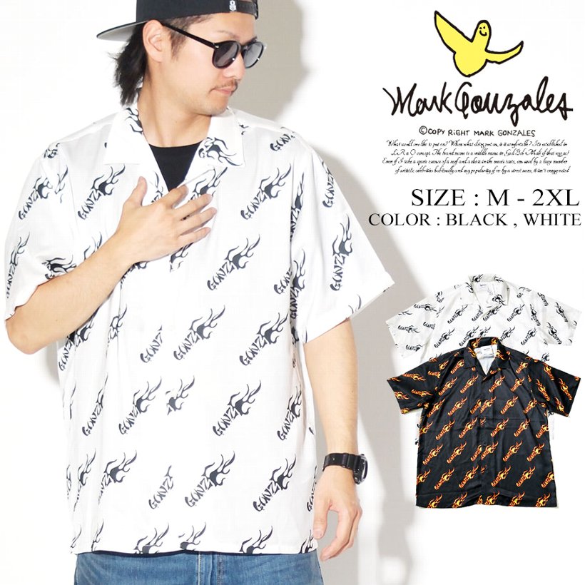 マークゴンザレス オープンカラーシャツ メンズ 開襟 半袖 MARK GONZALES 2G8-4900 フレイムGONZロゴ ストリート系 女子 SK8 スケーター ファッション 服 通販
