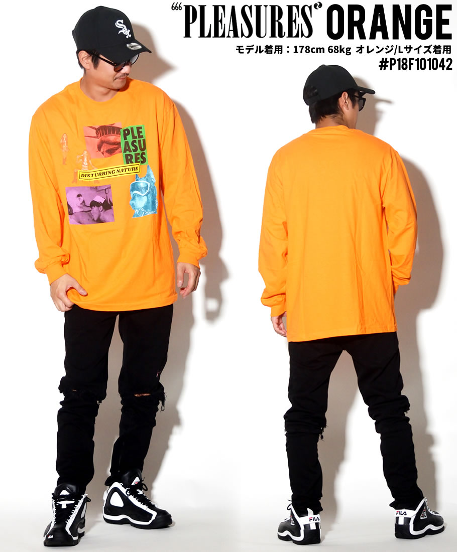 PLEASURES プレジャーズ Tシャツ メンズ 長袖 ロンT プリント DISTURBING LONG SLEEVE 橙 大きいサイズ 2018秋冬 新作