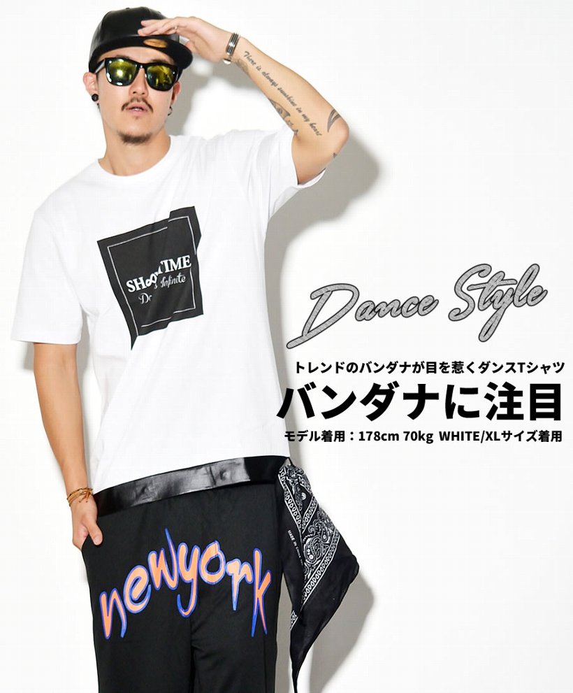 ボックスロゴTシャツ 半袖 バンダナが着脱可能 変則スタイル B系 ストリート系 HIPHOP ダンス 衣装 ヒップホップダンス