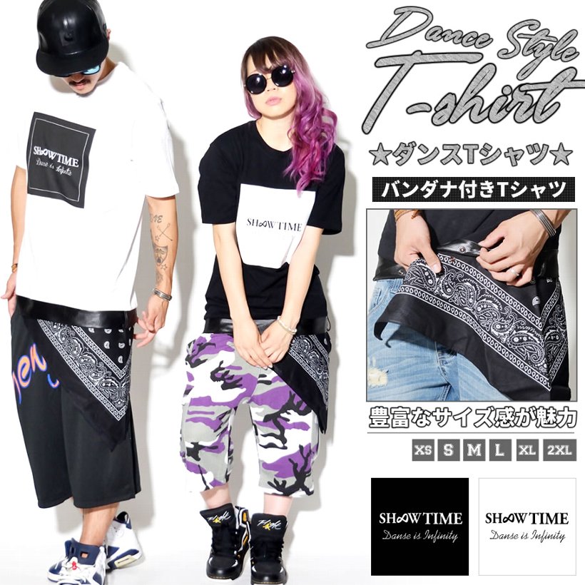 ボックスロゴTシャツ 半袖 バンダナが着脱可能 変則スタイル B系 ストリート系 HIPHOP ダンス 衣装 ヒップホップダンス