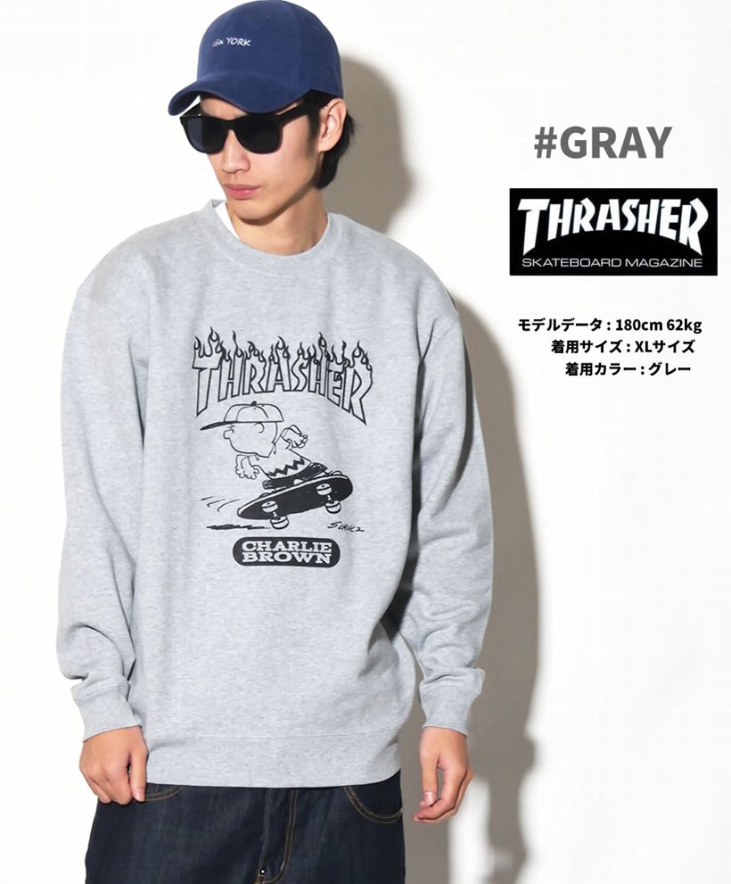 Thrasher Peanuts スラッシャー コラボ トレーナー メンズ スヌーピー クルーネック スウェット 裏毛 10oz ストリート系 スケーター ファッション 通販 Thr17pnv3 01ds